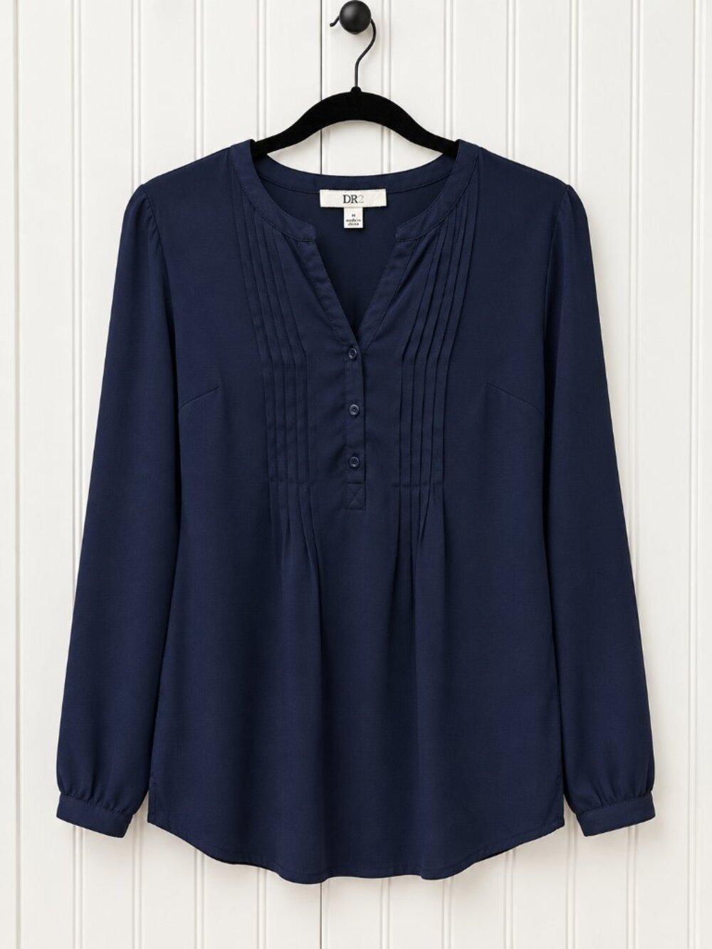 DR2 Navy Blue Pintuck Long Sleeve Blouse Size Medium